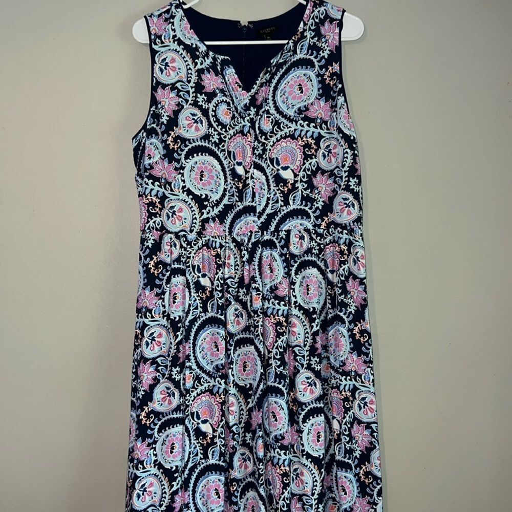 Talbots Floral Paisley Dress Blue Sleeveless Lightweight Split V-Neck Size 10P